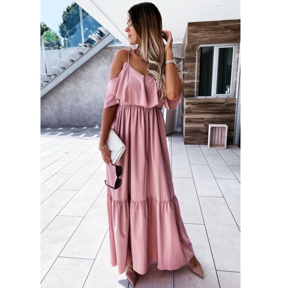 Pink Short Sleeve Cold Shoulder Tiered Long Flowy Maxi Dress - Picture 4 of 7